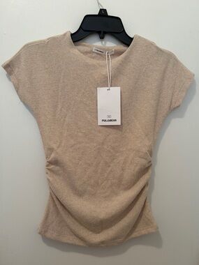 Pull & Bear: Women's Soft Touch Gathered T-Shirt, Color: Beige, Size: Small